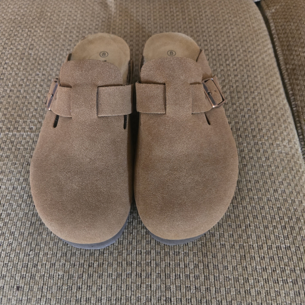 Suede Slip-On Mule Clogs with Adjustable Buckle — Brown